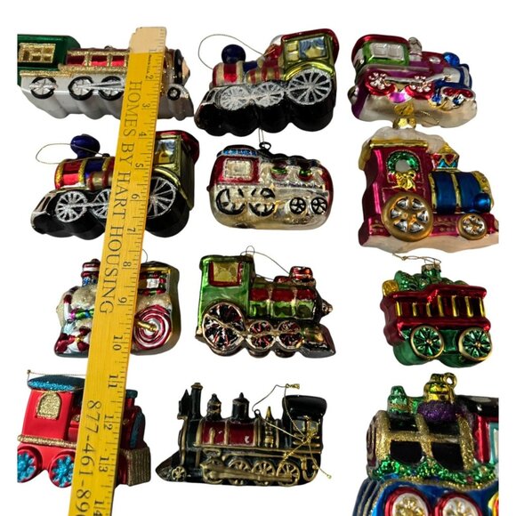 Glass Train Railroad Ornaments Set Of 12 Multicolor Hand-Painted Holiday Decor V - Picture 2 of 10